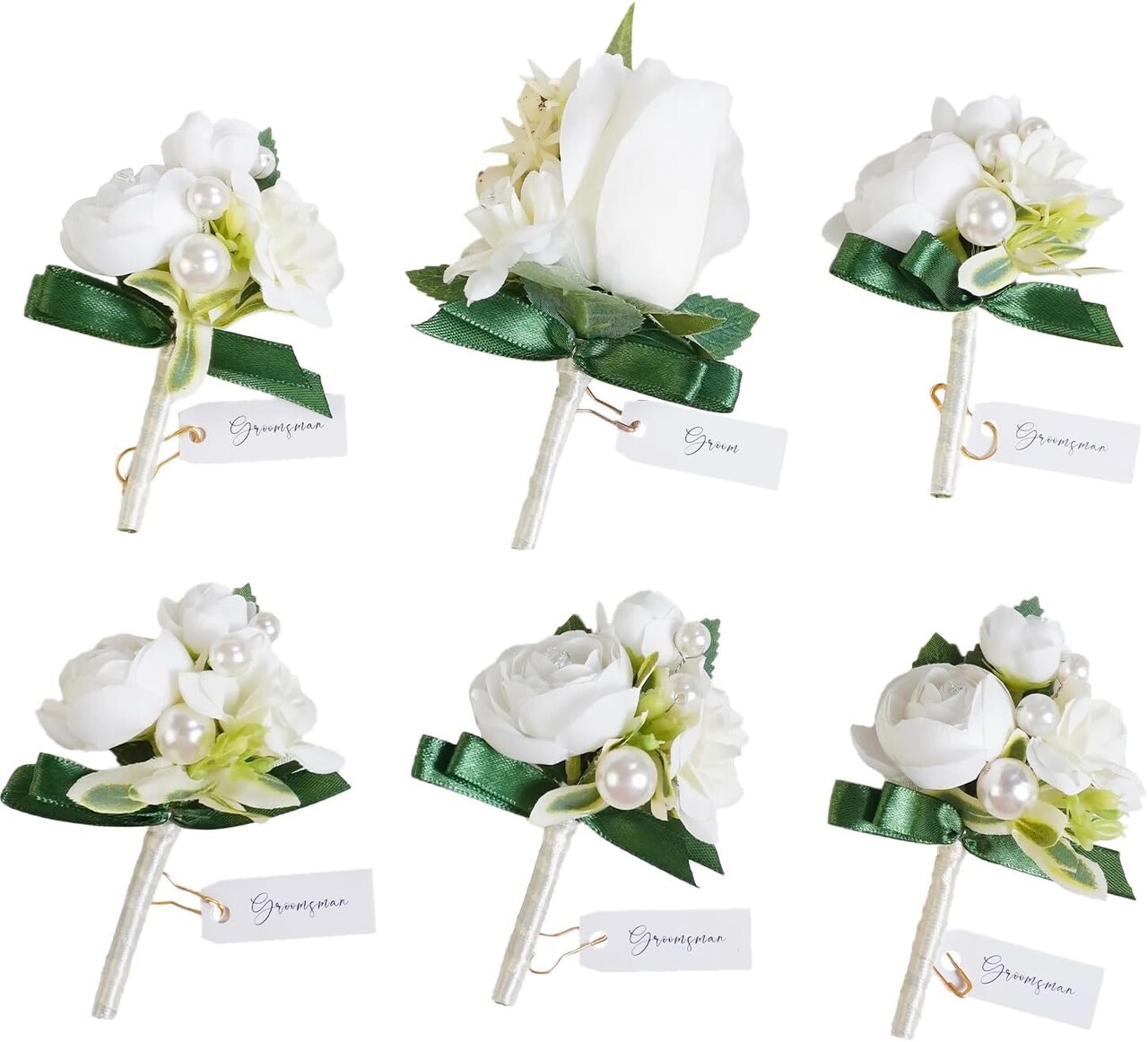 6-Piece White Boutonniere Set – Realistic Ranunculus & Pearl Corsages with Gold Pins for Groom, Groomsmen, Prom, Wedding, Homecoming, Anniversary, Formal Suits